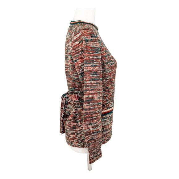 Vintage 1970s Acrylic Belted Sweater Red Orange Green White Medium Retro Knit - Picture 4 of 8